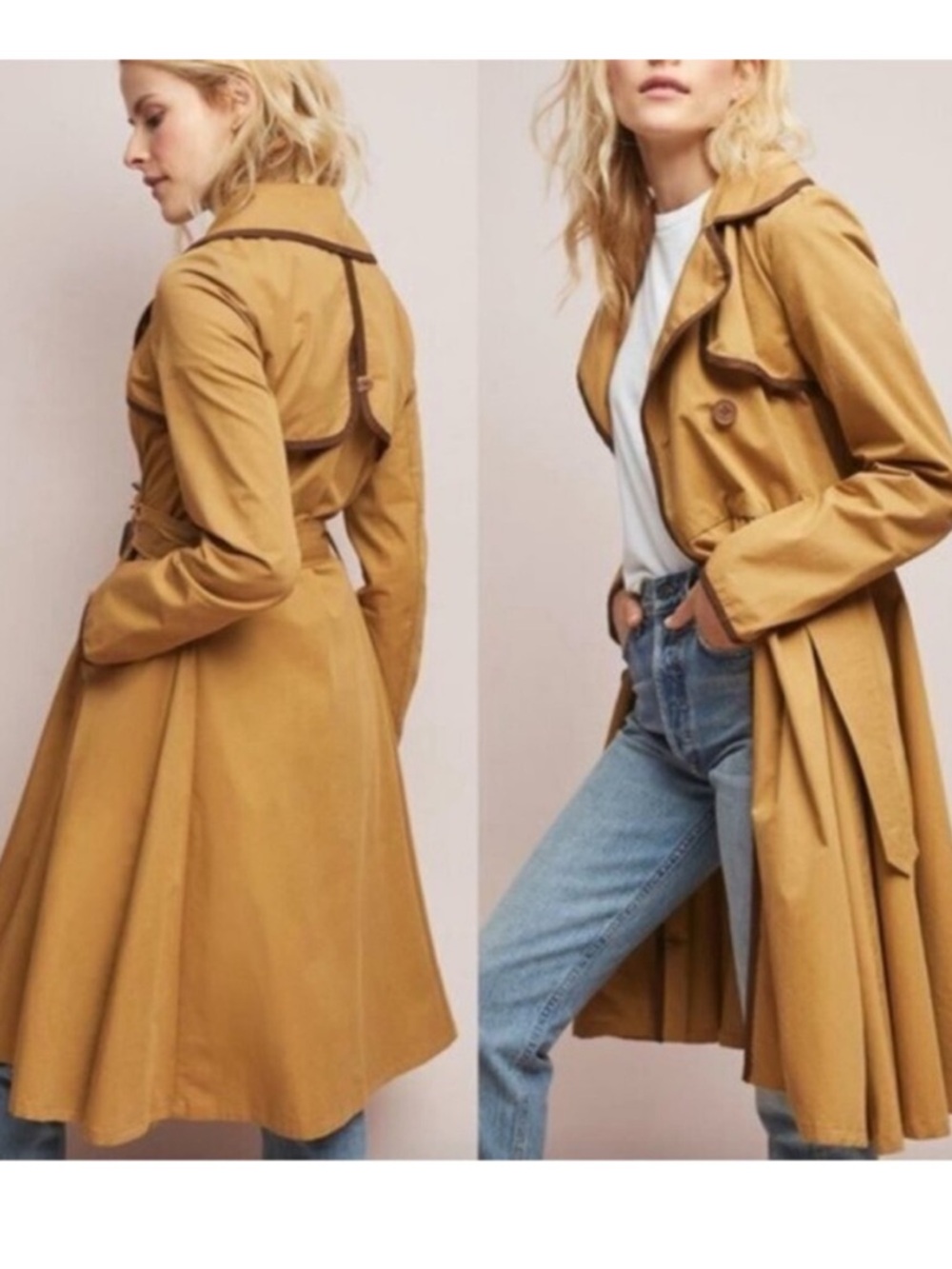 ETT:TWA Anthropologie Marley Trench Coat Tan Double Breasted Belted Swing 2 - Picture 4 of 14